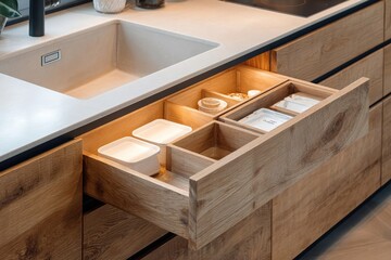 Modern kitchen drawer with wooden finish, containing organized containers and illuminated interior. Clean and minimalist design.