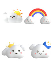 A charming set of cute, smiling cartoon cloud icons featuring sunny conditions and a vibrant rainbow. Ideal for cheerful children's content or positive weather themes.