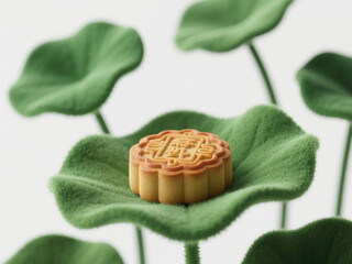 Creative 3D Illustration: Mid-Autumn Festival Mooncake on Lotus Leaf. Abstract Commercial Background with Felt Texture for Holiday Concepts. Innovative Design Element for Cultural Celebrations, Market