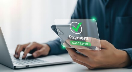 Person making a successful online payment using a smartphone and laptop