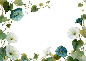 Fototapeta premium Watercolor floral frame with blue and white morning glories