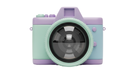 A cute pastel purple and mint green vintage camera isolated on transparent background