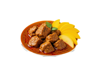Meticulously plated burmese pork curry, tender pork, rich sauce, vibrant pickled mango, cilantro, on seamless transparent, ultra-realistic studio shot, sharp focus. Professional food photography