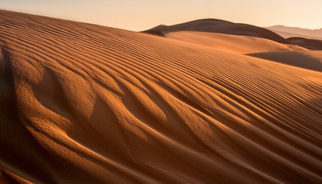 close up of undulating textured sand dunes with warm sunlight casting gentle shadows across the complex curves and ridges in a desert landscape