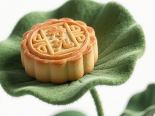 Creative 3D Illustration: Mid-Autumn Festival Mooncake on Lotus Leaf. Abstract Commercial Background with Felt Texture for Holiday Concepts. Innovative Design Element for Cultural Celebrations, Market