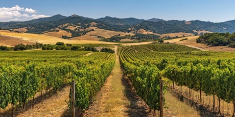 Naklejka premium The lush vineyard landscape with rows of grapes beneath a sunny sky.