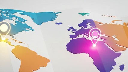 Colorful world map illustration with location markers highlighting regions, suitable for travel planning - Powered by Adobe