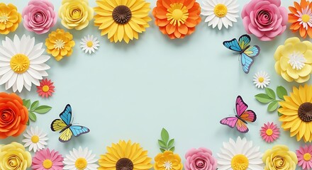 Colorful paper flowers and butterflies are arranged around a light blue background, creating a decorative frame with an empty space in the center.