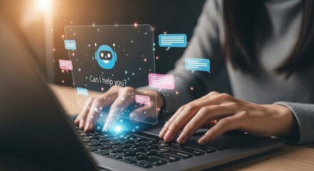 Person interacting with ai chatbot on laptop with digital interface