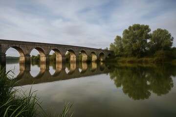 Fototapeta premium Historic stone bridge reflected in calm river with green trees in summer landscape