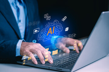 Businessman using smartphone with AI-powered document management system interface, DMS, Internet through secure networking and high-speed connections for smoother interactions.