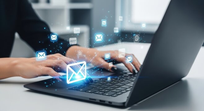 Digital communication and email messaging on a laptop