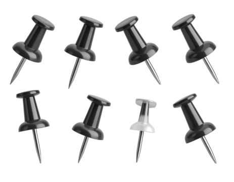 Set of push pins in different angles. Illustration on transparent background.