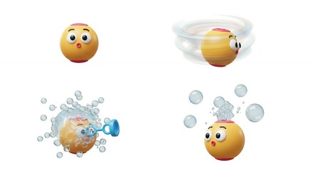 Naklejka premium Animated character blowing bubbles series of images