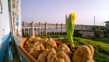 Nuts in windowbox with flower bud