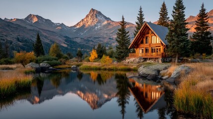 Fototapeta premium A cozy wooden cabin nestled by a tranquil lake with stunning mountain reflections during a beautiful autumn sunset