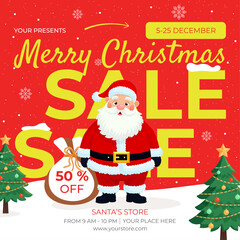 Bright Christmas and New Year sale banner on red background with Santa Claus, decorated tree, snow, and “50% off” text. Festive vector design for holiday promotions, web, and print.