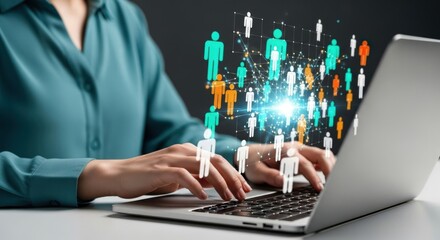 Person using laptop with glowing network of people icons
