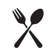 Crossed Black Fork and Spoon on White Background