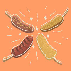 Hand drawn corn dog vector illustration with various toppings and coatings. Fun and colorful street food design, perfect for snack shop, menu, and culinary projects