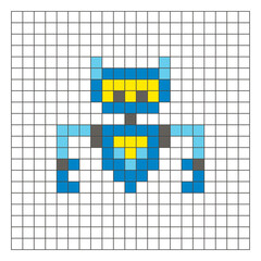 A flat pixel design made of geometric square color blocks on a clean grid layout. Pixel art robot