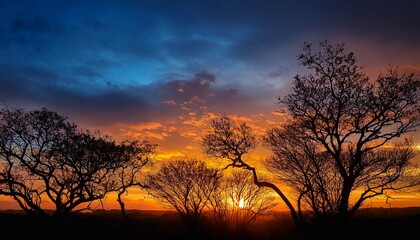 beautiful sunset illuminating the sky with vibrant colors and silhouetted branches during early evening