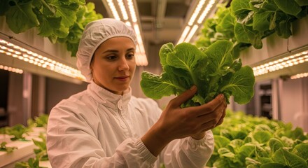A woman in a lab coat inspects fresh lettuce growing in an indoor hydroponic farm.