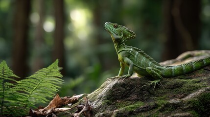 A vibrant green basilisk lizard standing upright on a moss-covered rock in the heart of a dense tropical rainforest