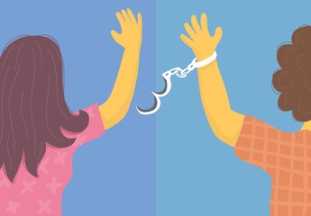 Vector illustration of two people breaking free from handcuffs, symbolizing freedom, liberation, and human rights. Flat design with bright colors, perfect for social campaigns and awareness projects.