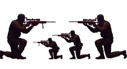 Naklejka premium Military personnel silhouette sniper aiming positions