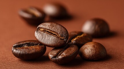 Fototapeta premium Dark roasted coffee beans scattered on a textured surface showcasing their rich color and distinct shape