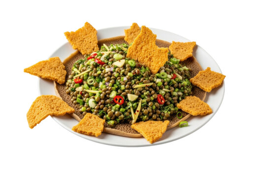 Vibrant green Ethiopian Azifa lentil salad with green onions, garlic, ginger, and red chili, adorned with golden Injera croutons on a clean transparent background with no shadows, concept for culinary