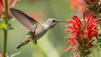 Fototapeta premium Hummingbird feeding on vibrant red bee balm flower
