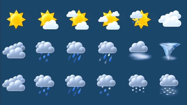 A clear set of weather forecast icons depicting various conditions like sun, clouds, rain, snow, and a tornado, on a vibrant blue background.