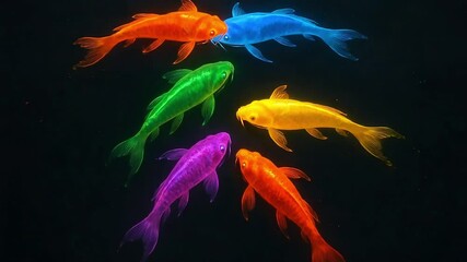 Radiant Spectrum of Luminous Fish: A Vivid Array of Glowing Aquatic Life Against a Dark, Mysterious Background - Powered by Adobe