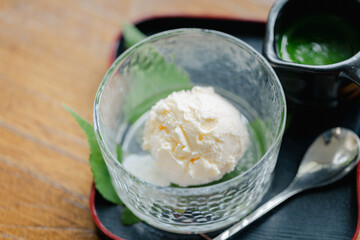 Vanilla ice cream served in glass bowl with green leaf on tray reflects traditional Japanese style and culture creating simple yet elegant dessert experience
