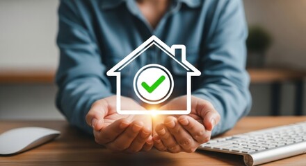Person holding a house icon with a checkmark symbolizing approval