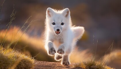 Obraz premium animated fluffy white fox cub leaps eyes wide and paws reaching with a happy expression