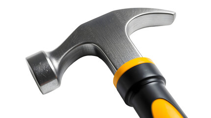 Closeup of a claw hammer with metallic head and black and yellow rubber handle on a transparent background