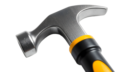 Closeup of a claw hammer with metallic head and black and yellow rubber handle on a transparent background