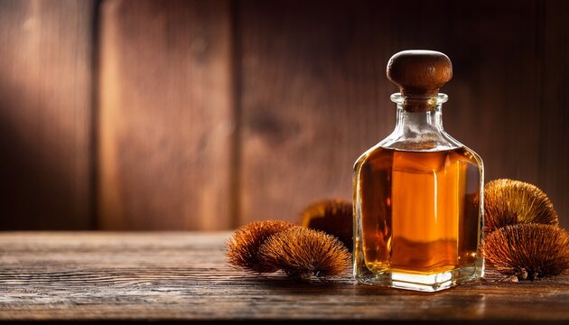 amber elixir in glass bottle on wooden table
