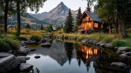 Fototapeta premium A cozy wooden cabin nestled in a mountain forest beside a reflective river, illuminated by warm light during autumn