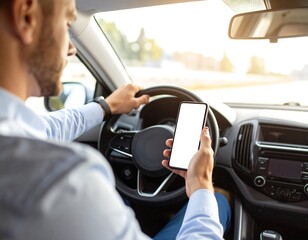 Person using a mobile phone while driving a car.