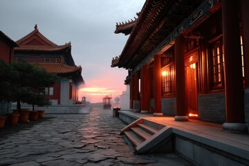The Shaolin temple basks in the glow of dawn, warm tone