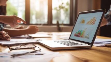 The laptop displaying financial graphs in a collaborative office environment.