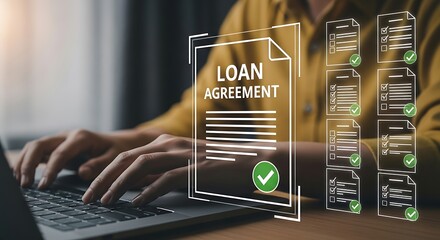 Person typing loan agreement document digital contract