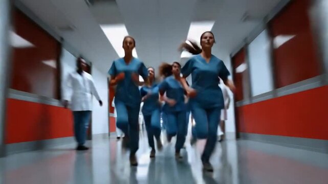 Emergency Rush: A group of medical professionals swiftly moves down the corridor in a blur, the scene radiating urgency, conveying the commitment and selflessness integral to healthcare.