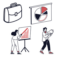 Business meeting with presentation charts and briefcase people discussing financial growth and data analysis in a modern office setting