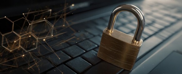 The padlock symbolizing security on a computer keyboard with digital elements