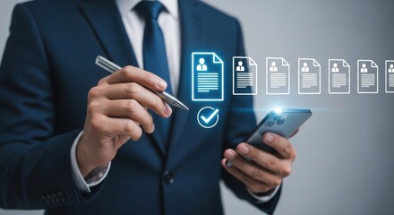 Businessman reviews digital resumes on a futuristic interface